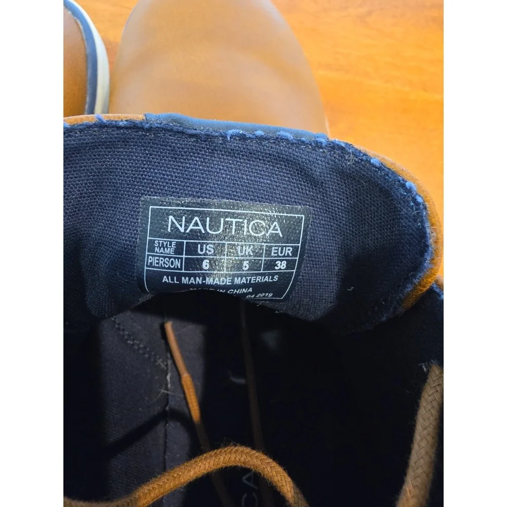 Nautica Tan Leather Tie Chukka Bootie Boots Size 6 Navy Blue Brown Pierson